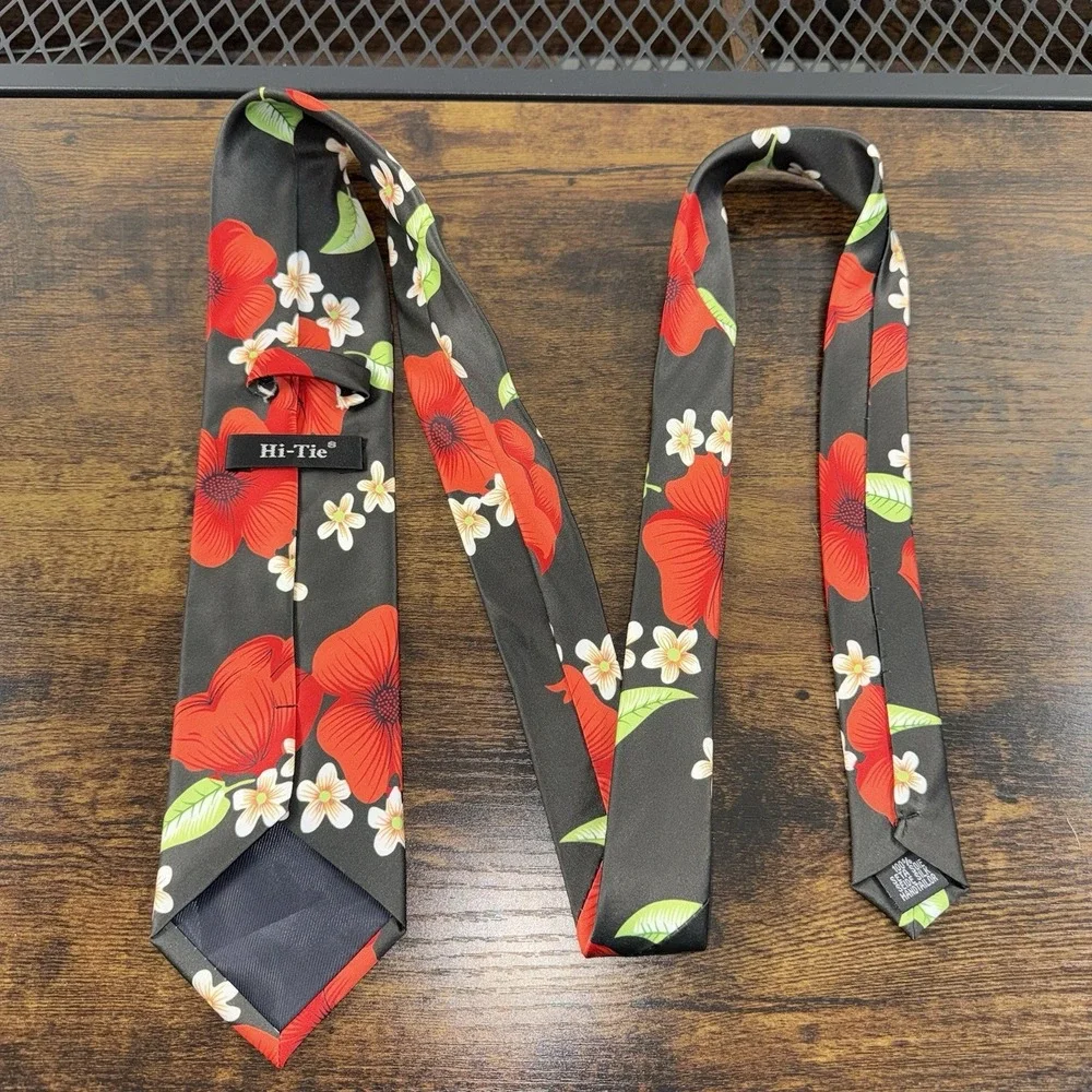 Hi-Tie Floral Tie & Pocket Square Set Black Red Flower Neck Tie Handkerchief Men